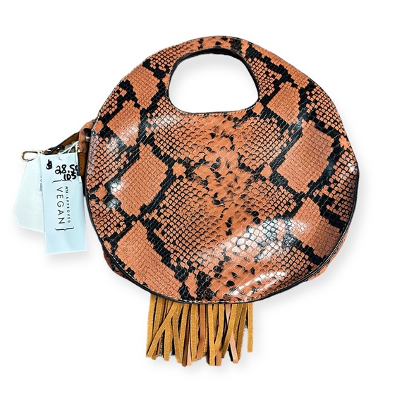 Vegan Fringe Accent Snake Print Cut-out Handle 2-Way Medium Satchel - Picture 2 of 3